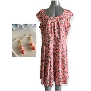 TAIFUN Barbie core Pink/Brown Stretch Dress Size XL & Handcrafted Earrings